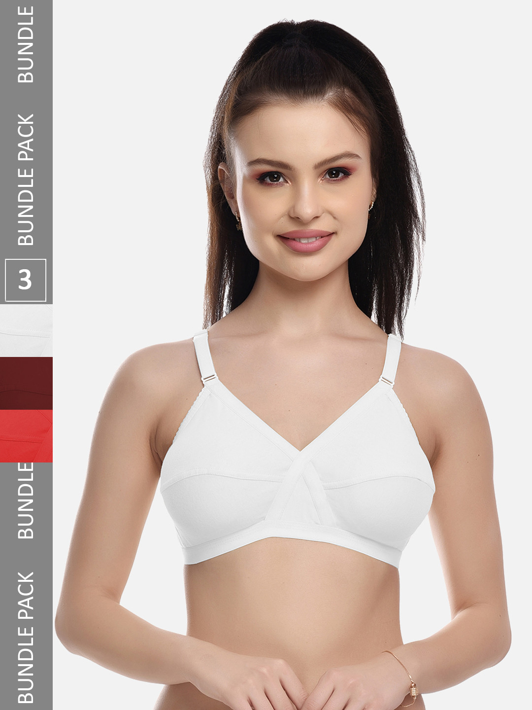 FIMS White & Red Pack of 3 Cotton Blend Non-Padded Bras MTR_Cross_Bra_WhiteRedMaroon_B