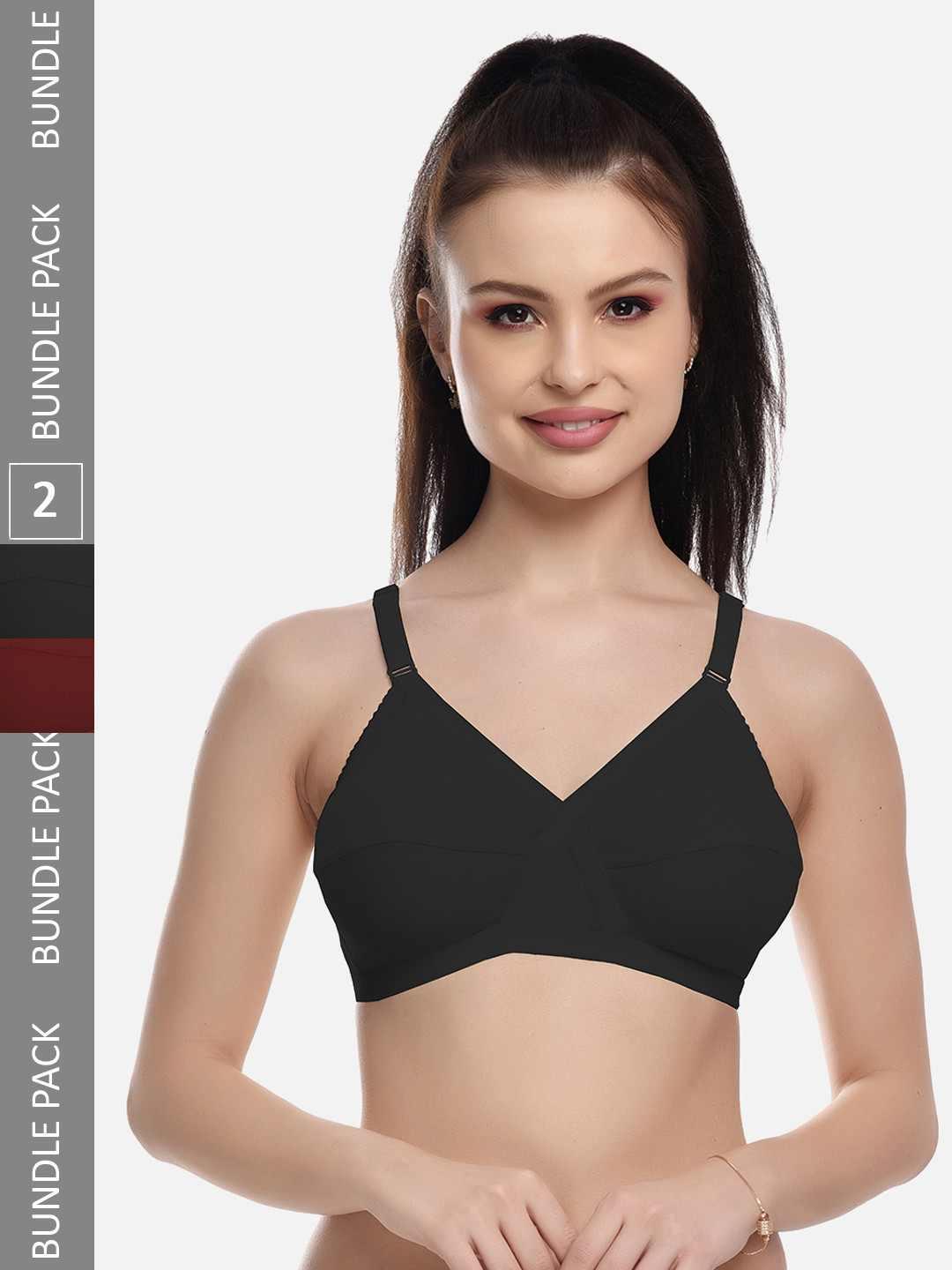 FIMS Black & Maroon Pack of 2 Cotton Blend Non-Padded Bras MTR_Cross_Bra_BlackMaroon_B