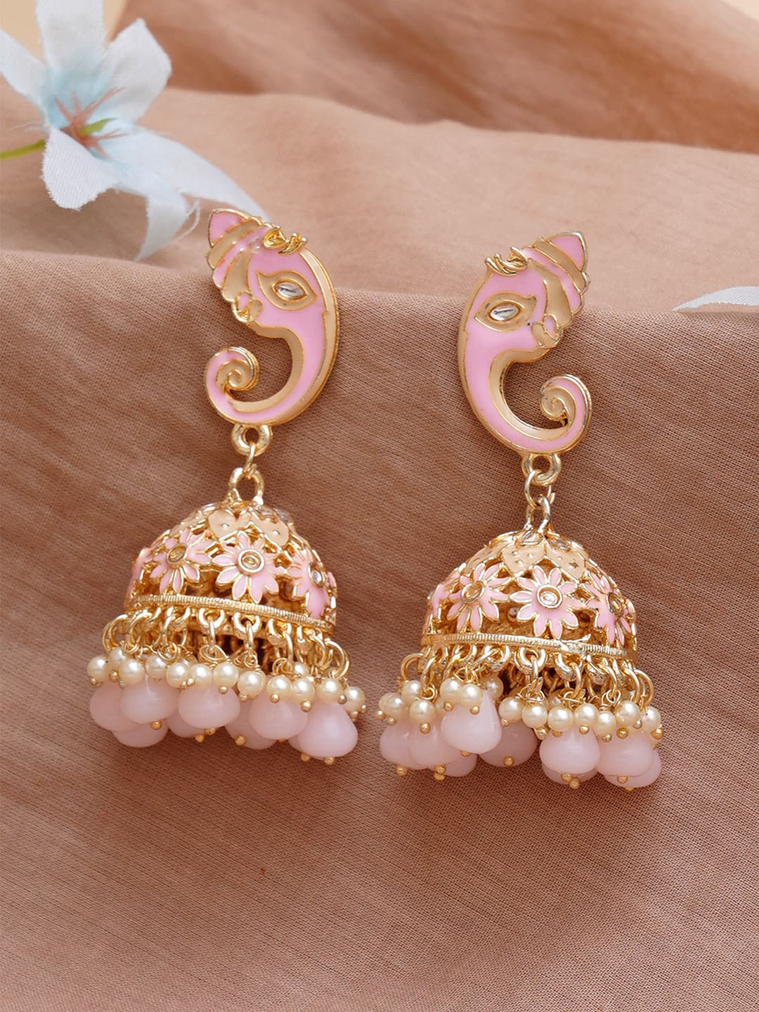 KARATCART Pink & White Gold-Plated Lord Ganesh Classic Jhumkas Earrings