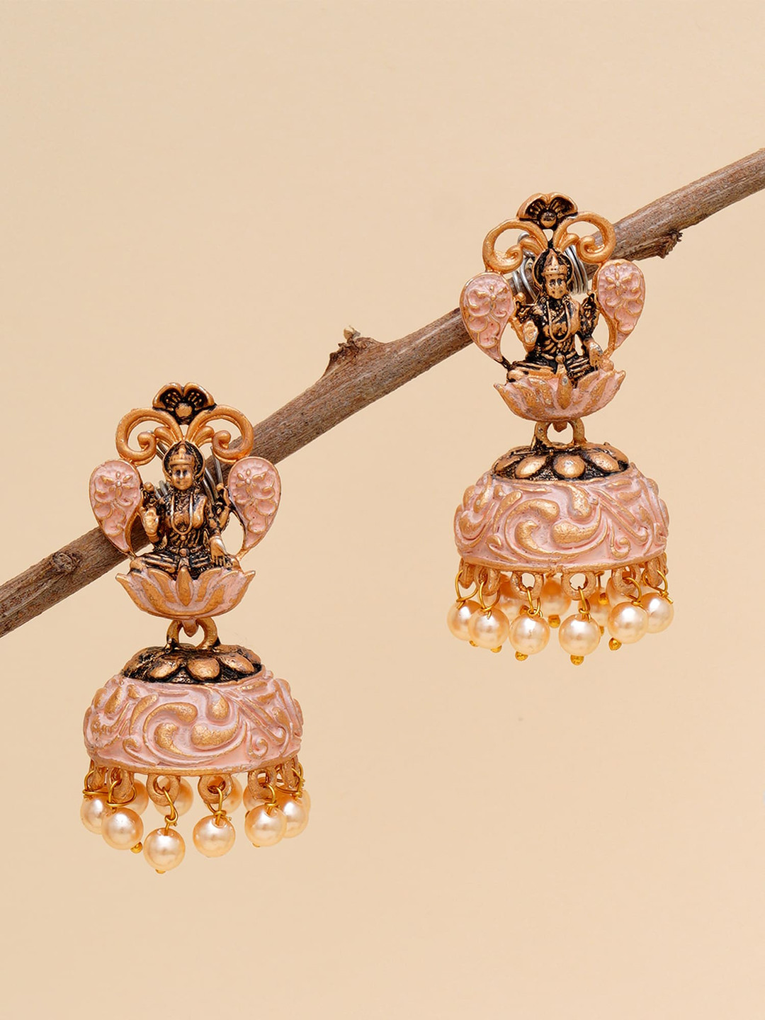 KARATCART Pink & White Gold-Plated Mata Laxmi Classic Jhumkas Earrings