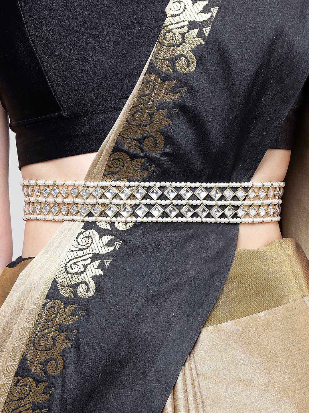 KARATCART Women Gold-Plated Kundan and Pearl Beaded Waist Chain