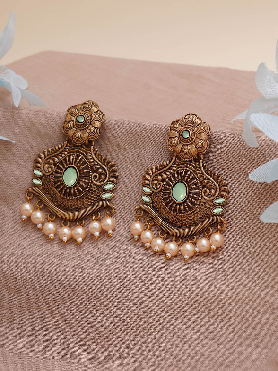 KARATCART Gold-Plated Lime Green  & Off-White Stone Studded Drop Earrings