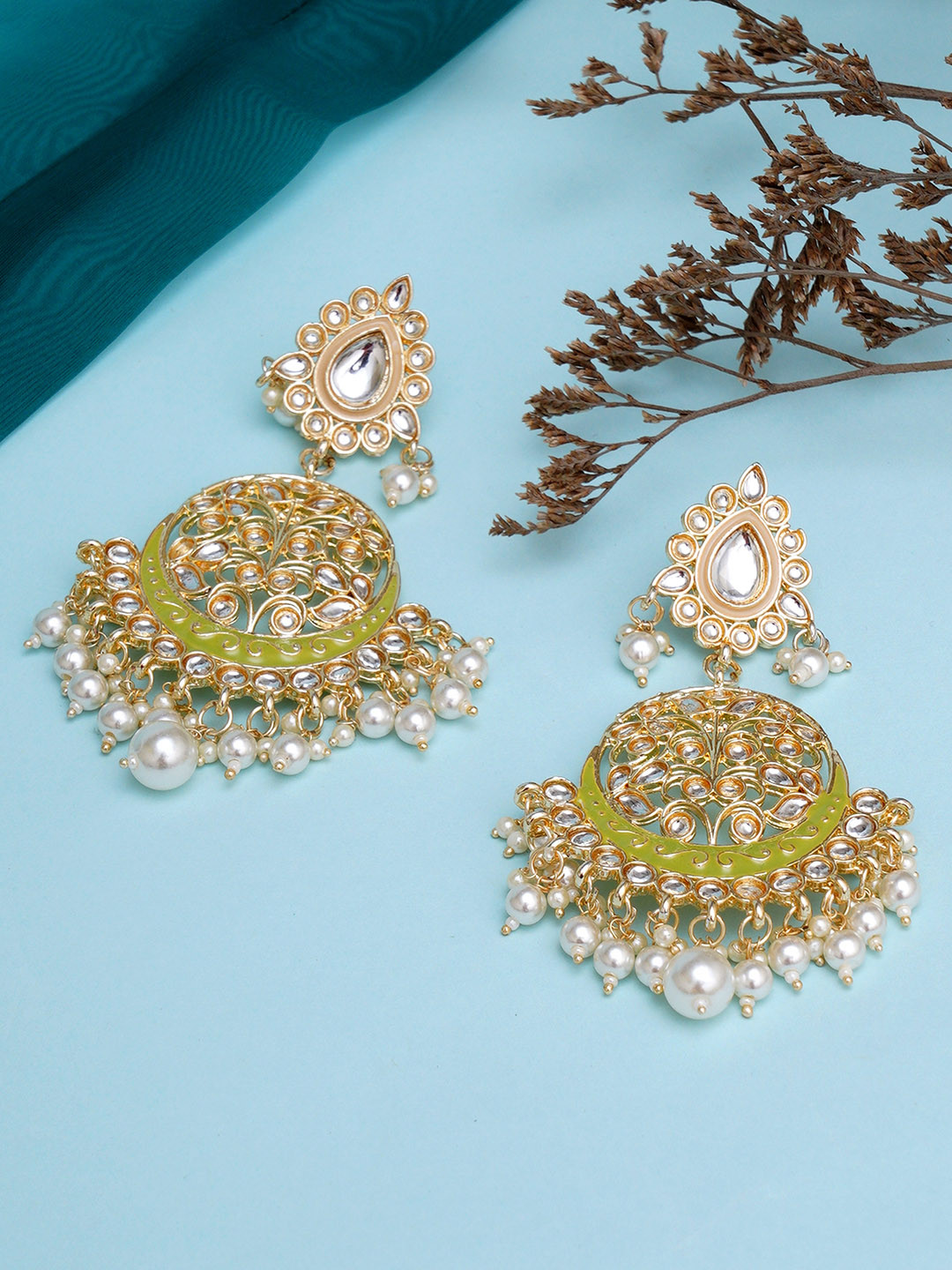 KARATCART Lime Green & White Gold-Plated Pearl Long Chandbalis Earrings