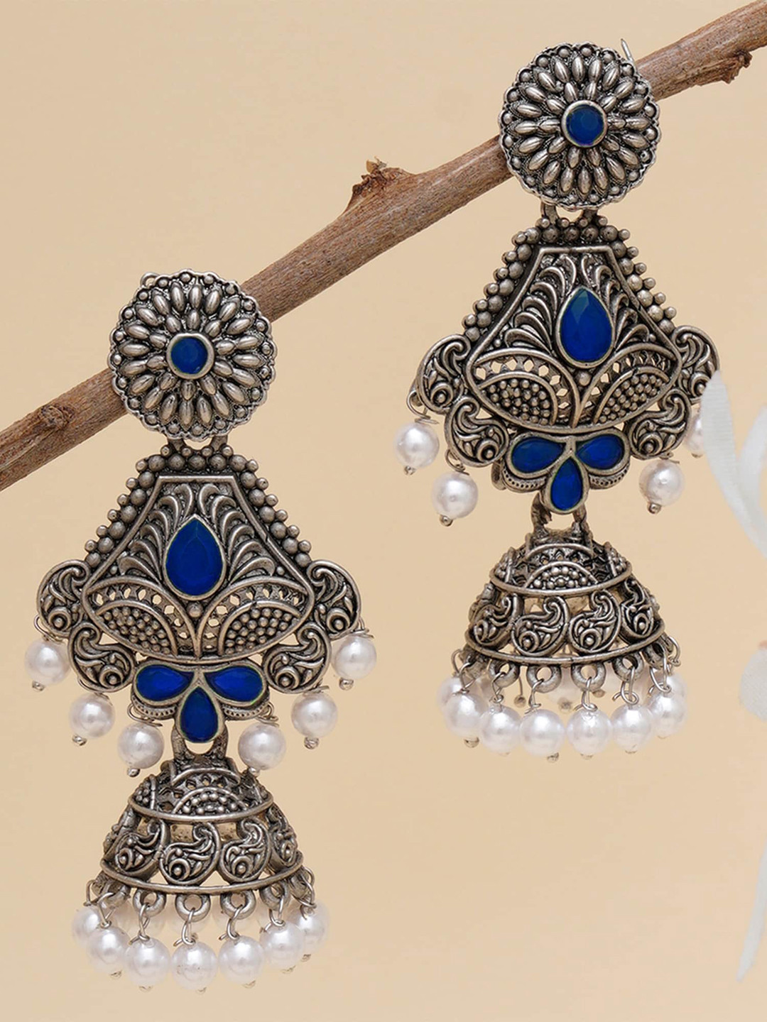 KARATCART Blue & White Silver-Plated Long Classic Jhumkas Earrings