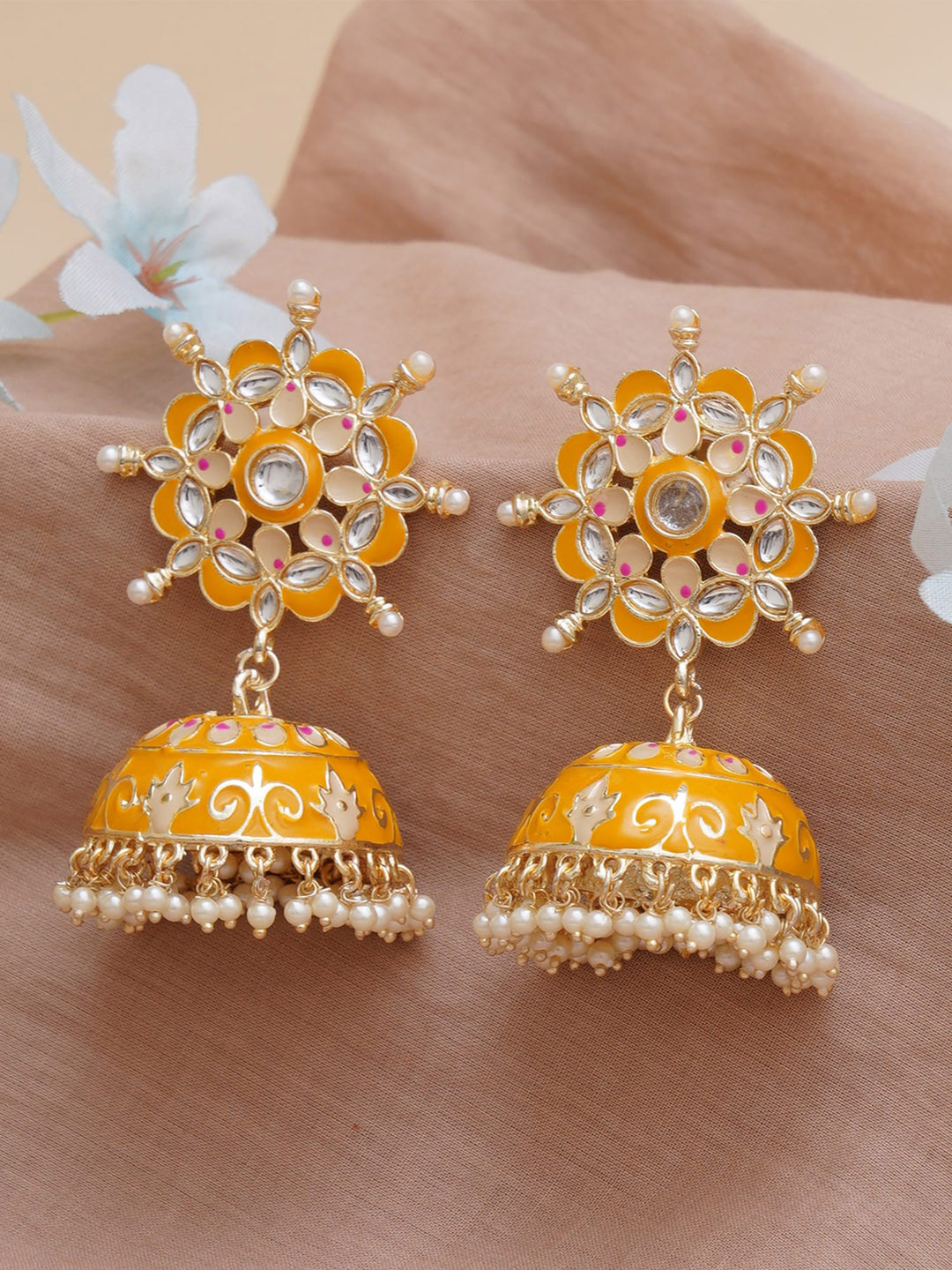 KARATCART Yellow & White Gold-Plated Floral Design Classic Jhumkas Earrings