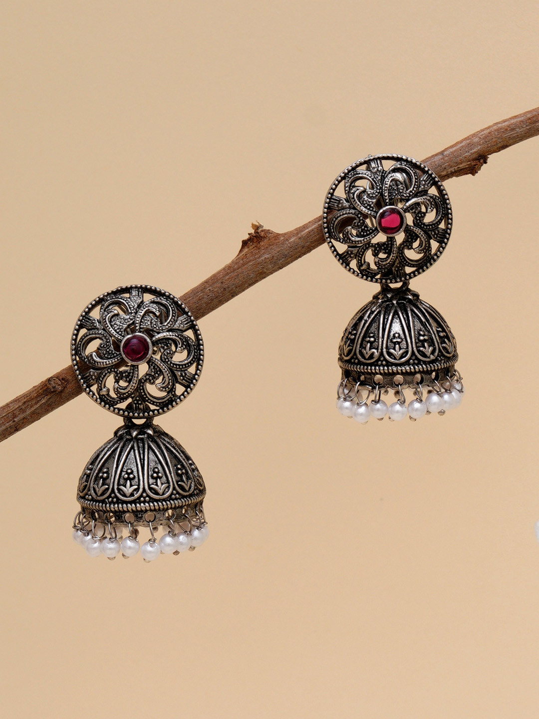 KARATCART Silver-Plated & Red Round Classic Jhumkas Earrings