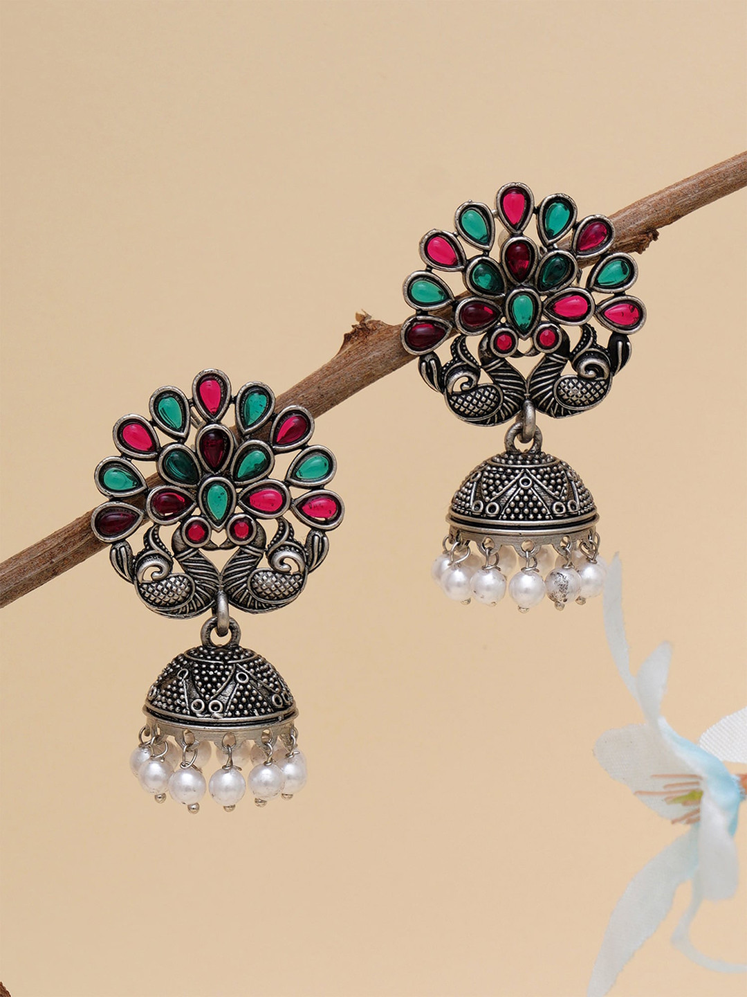 KARATCART Green & Red Silver-Plated Peacock Shape Classic Jhumkas Earrings