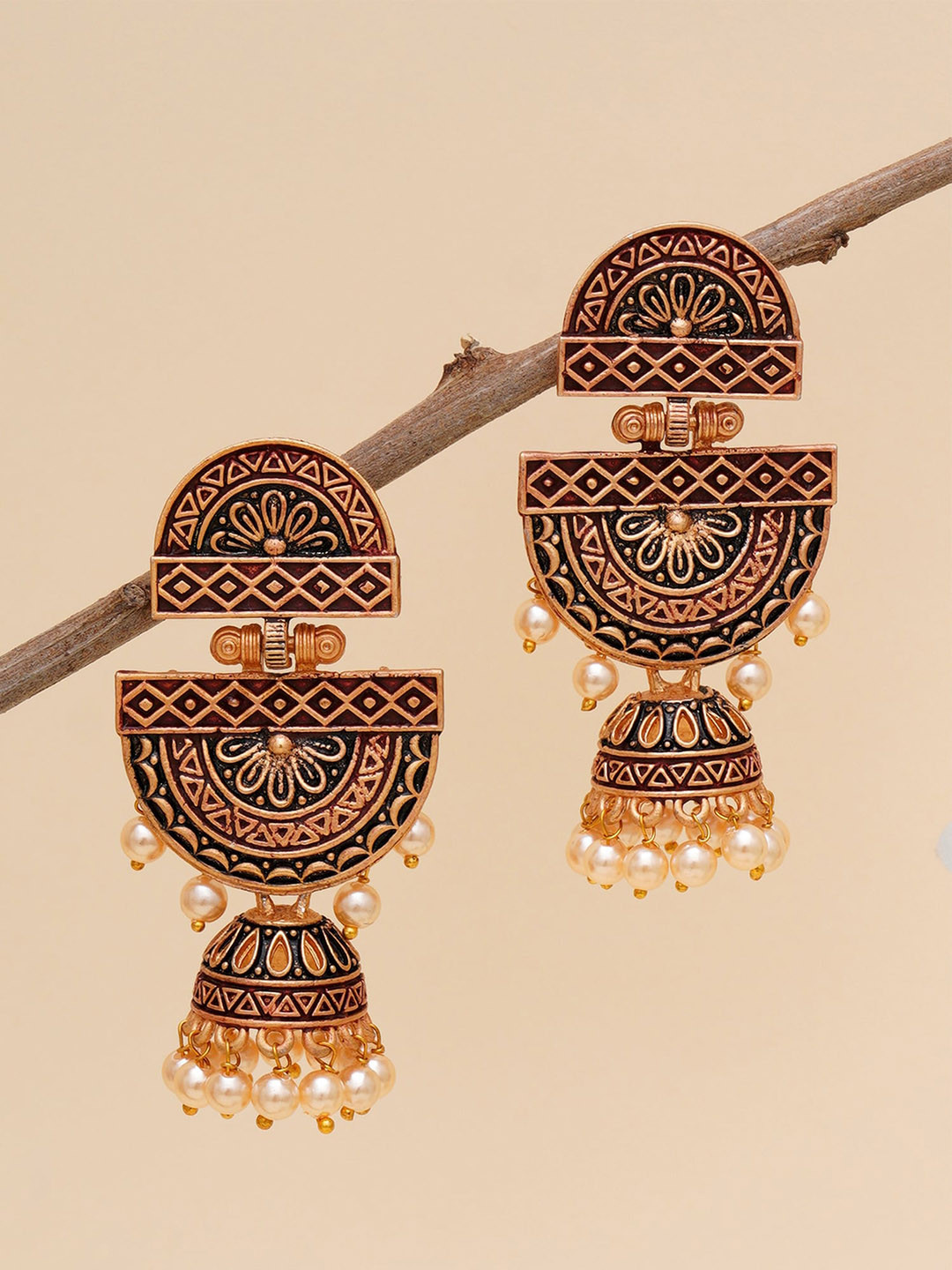 KARATCART Gold-Plated & Maroon Classic Jhumkas Earrings