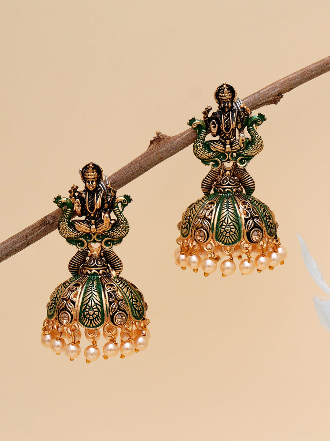 KARATCART Green & Gold-Plated Mata Laxmi Classic Jhumkas Earrings