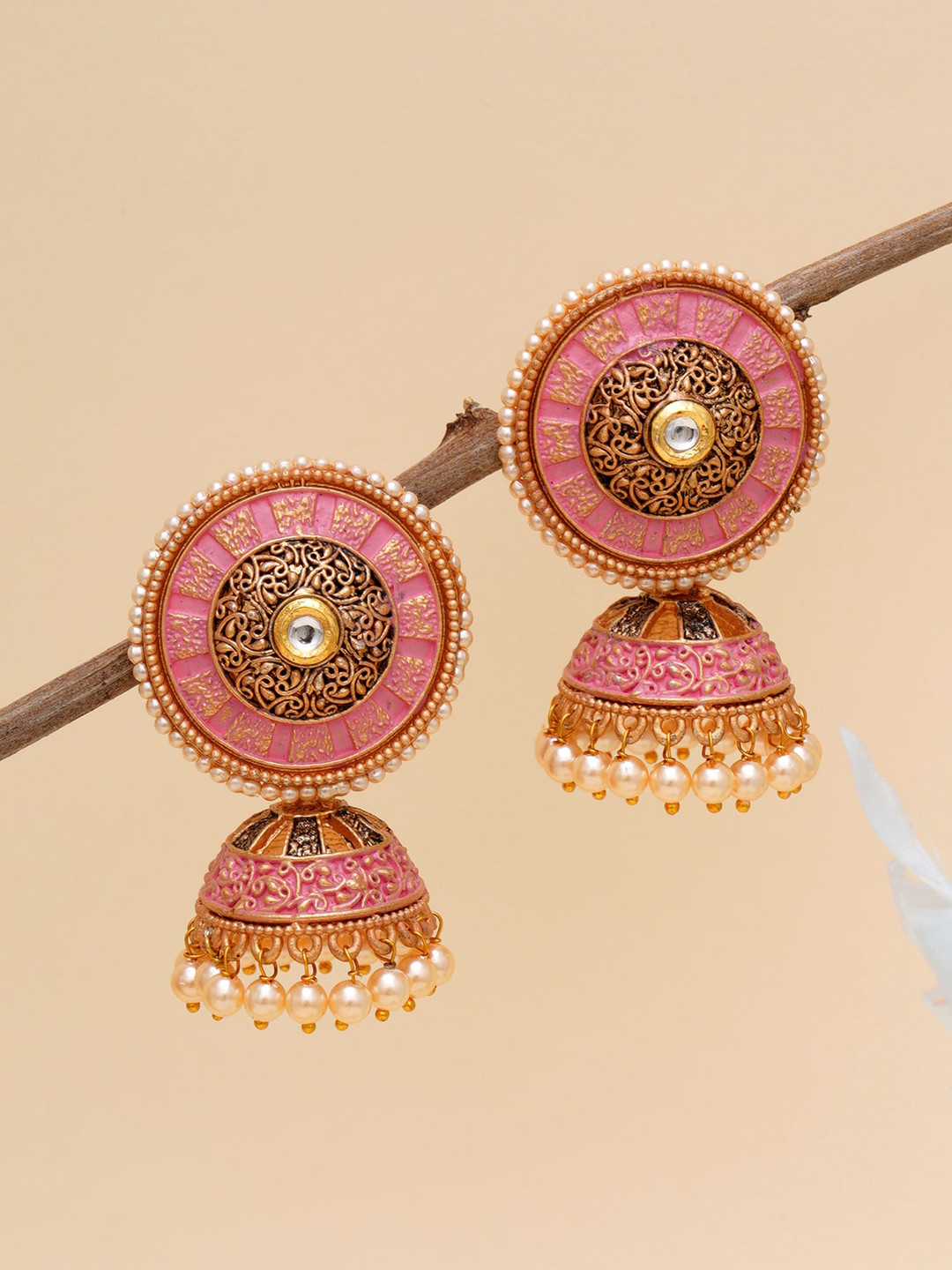 KARATCART Pink & Gold-Plated Antique Jhumkas Jhumki Earrings