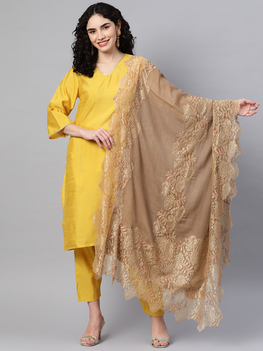 MODARTA Women Golden Woven Design Lace Border Shawl
