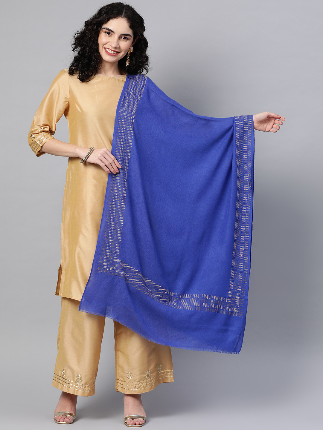 MODARTA Women Blue Swarovski and Decorative Stones Sequineed Shawl