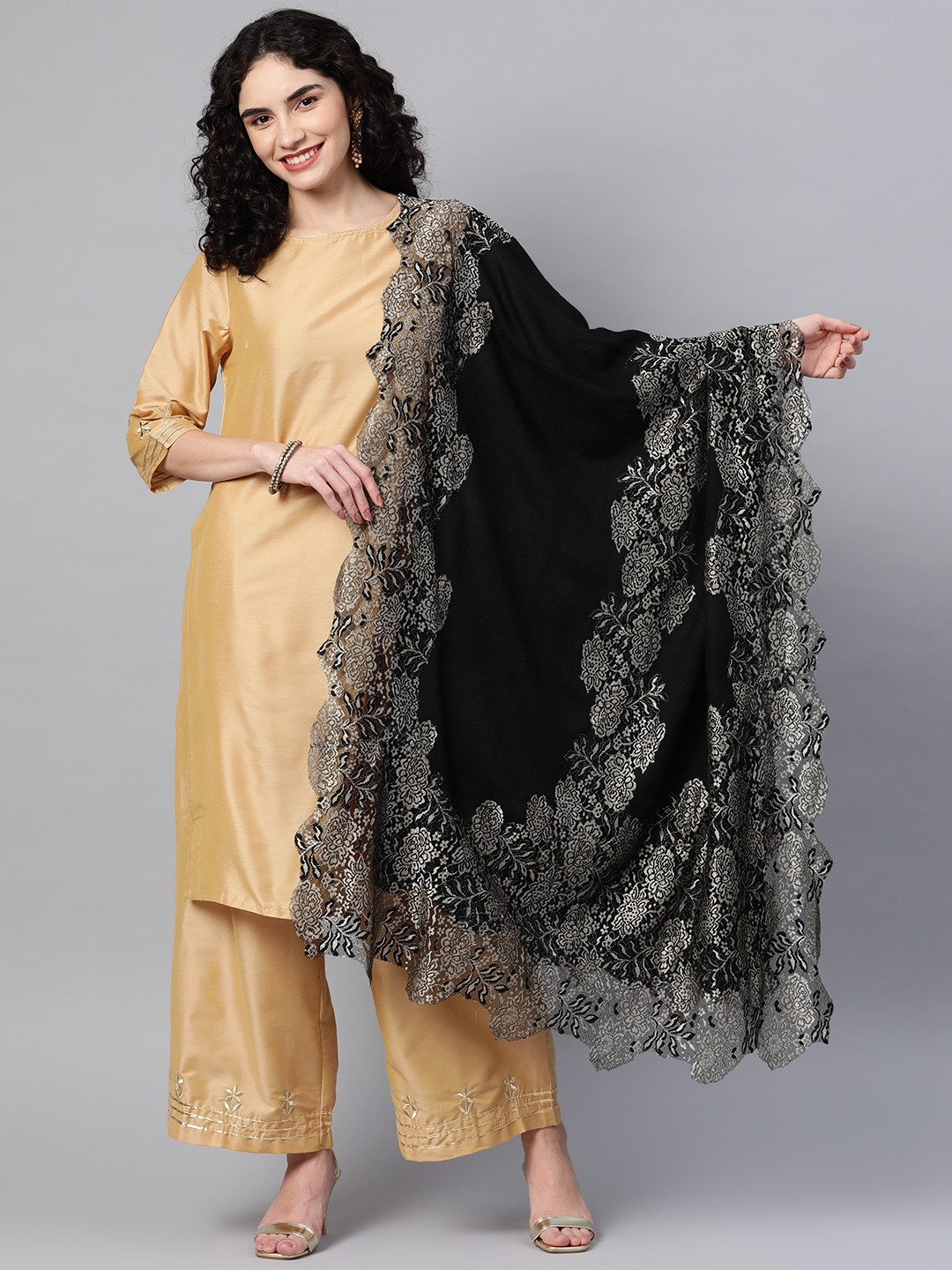 MODARTA Women Black Woven Design Lace Border Shawl