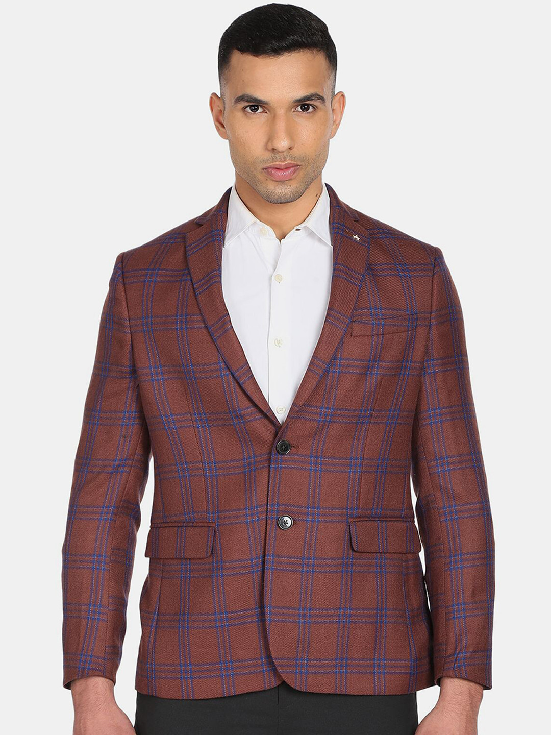 Arrow Men Rust-Brown Checked Single Breasted Formal Blazer