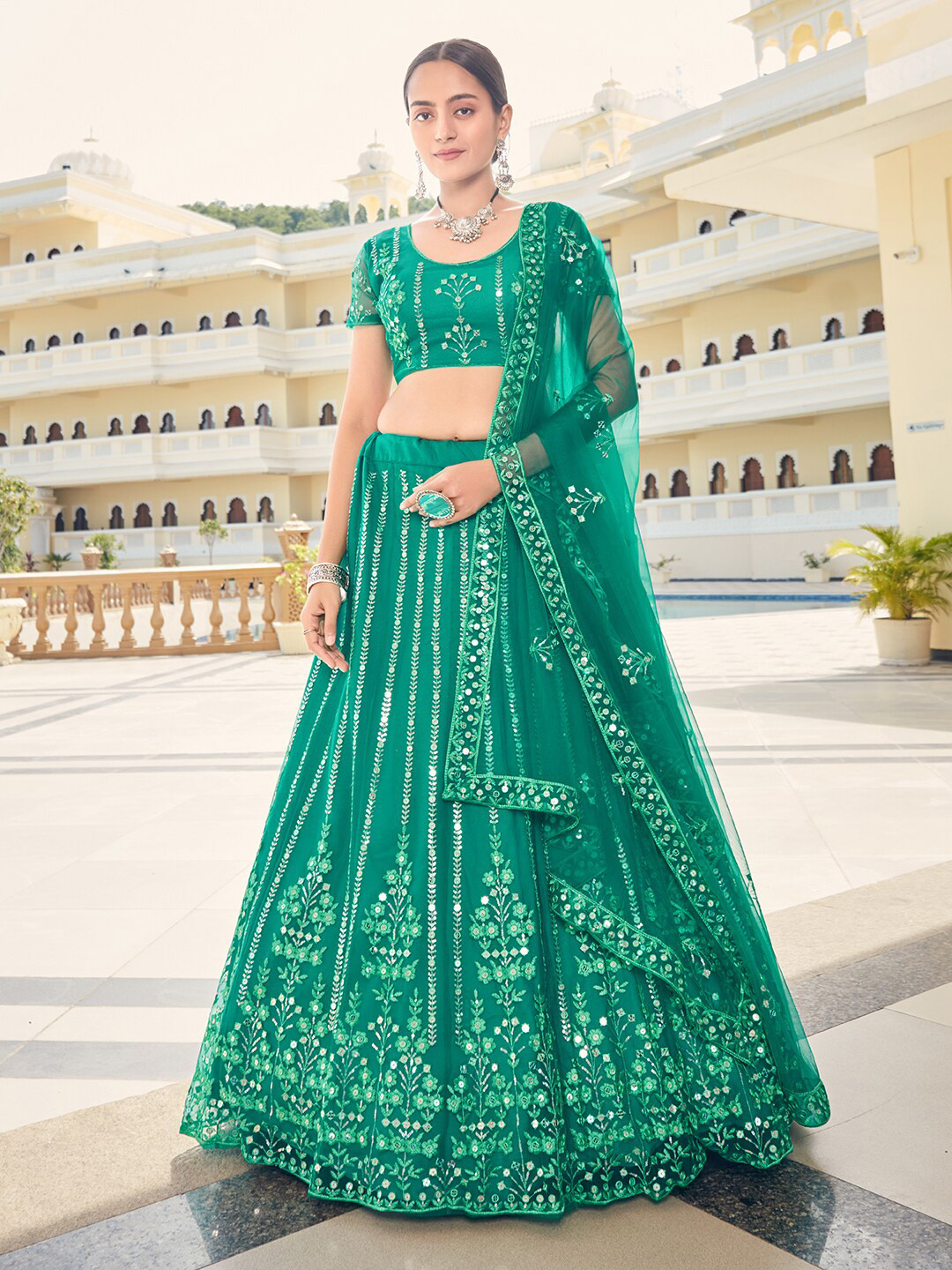 SHOPGARB Teal Embroidered Sequinned Semi-Stitched Lehenga & Unstitched Blouse With Dupatta