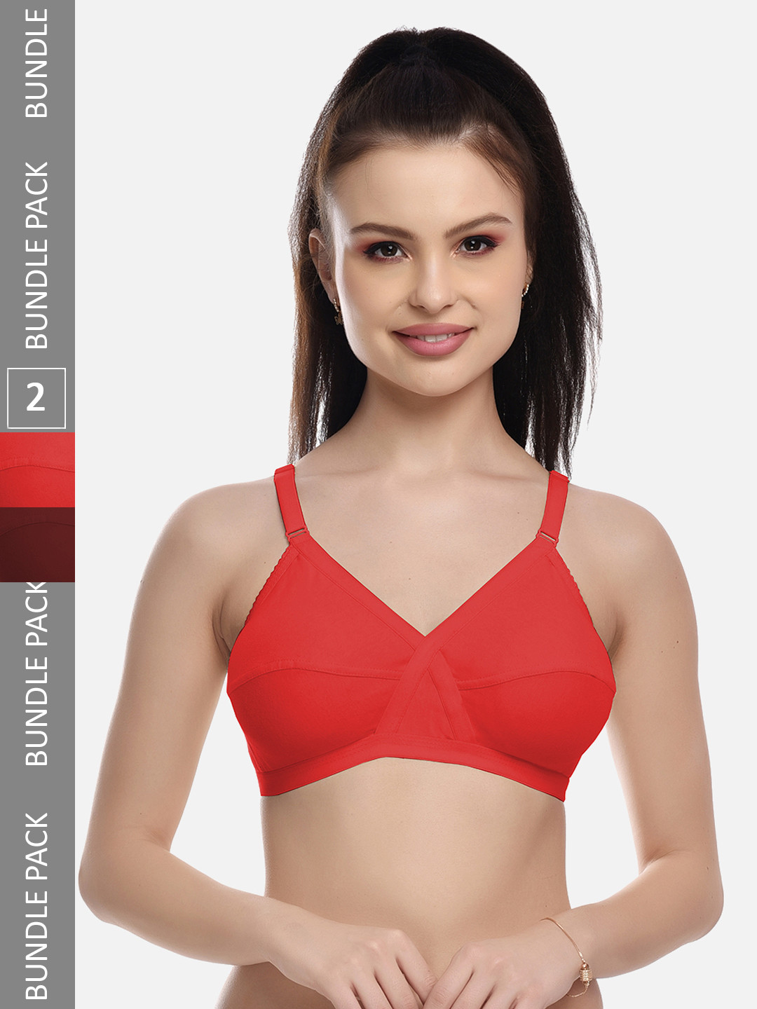 FIMS Red & Maroon Pack of 2 Cotton Blend Non-Padded Bra MTR_Cross_Bra_RedMaroon_B