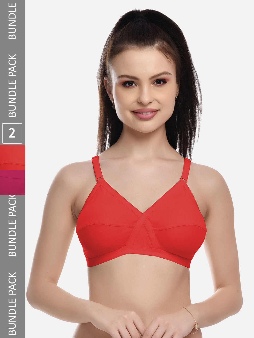 FIMS Pink & Red Pack of 2 Cotton Field Non-Padded Bras MTR_Cross_Bra_PinkRed_B