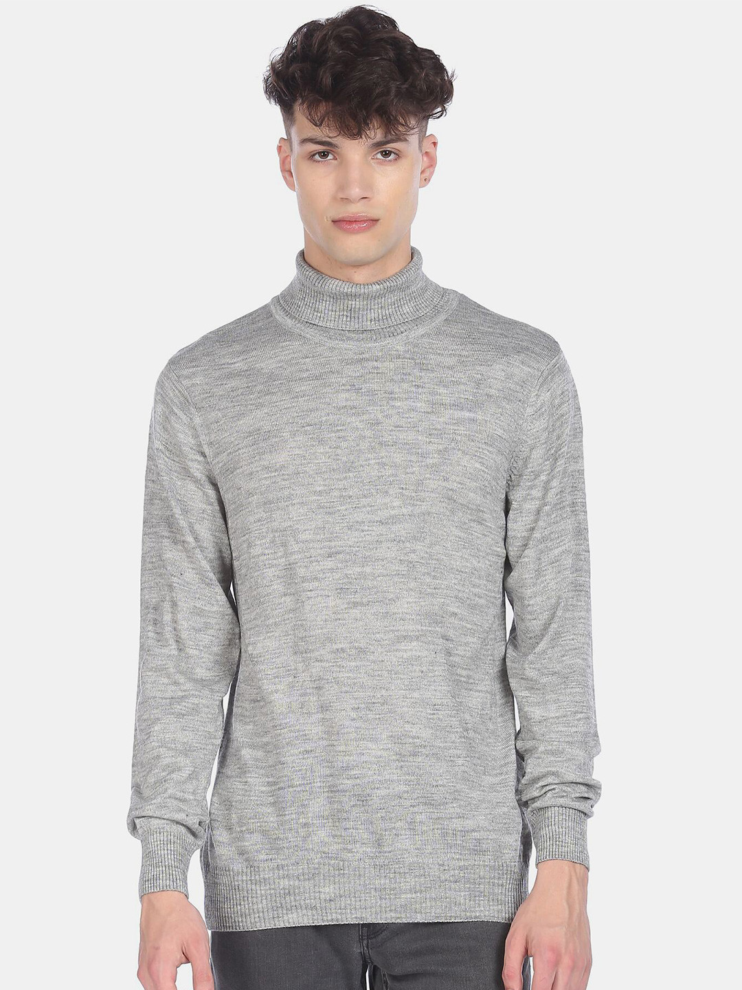 Arrow Sport Men Grey & Off White Turtle Neck Pullover