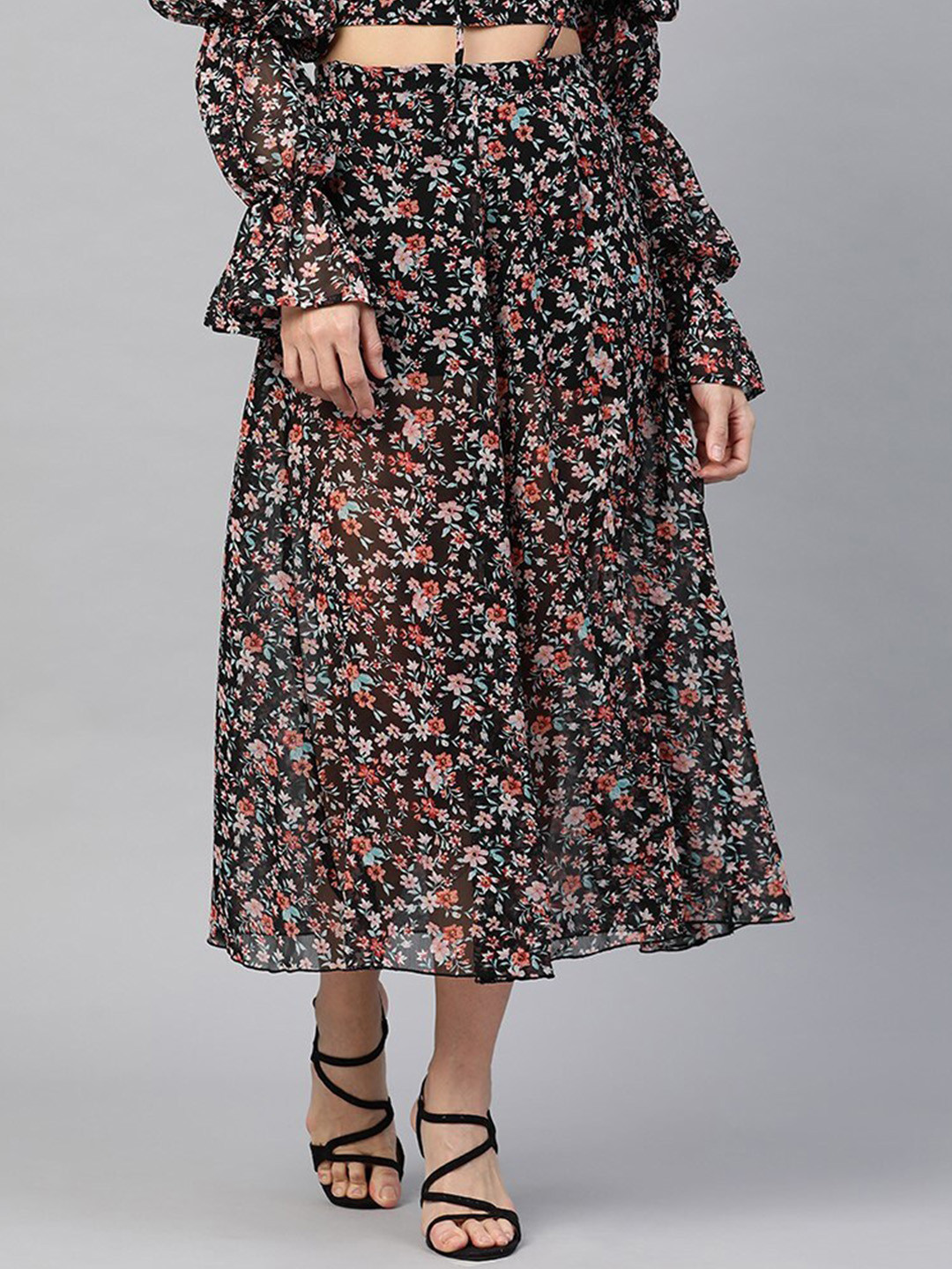 ANVI Be Yourself Women Black Floral Printed A-line Midi Skirt