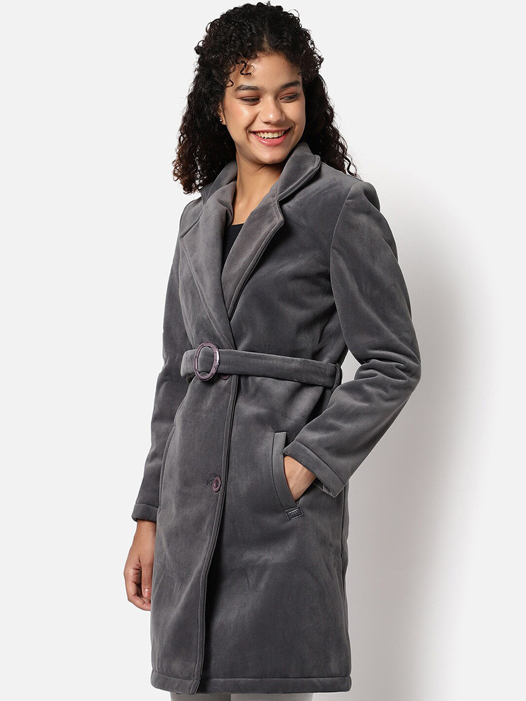 Campus Sutra Women Grey Solid Long Coats