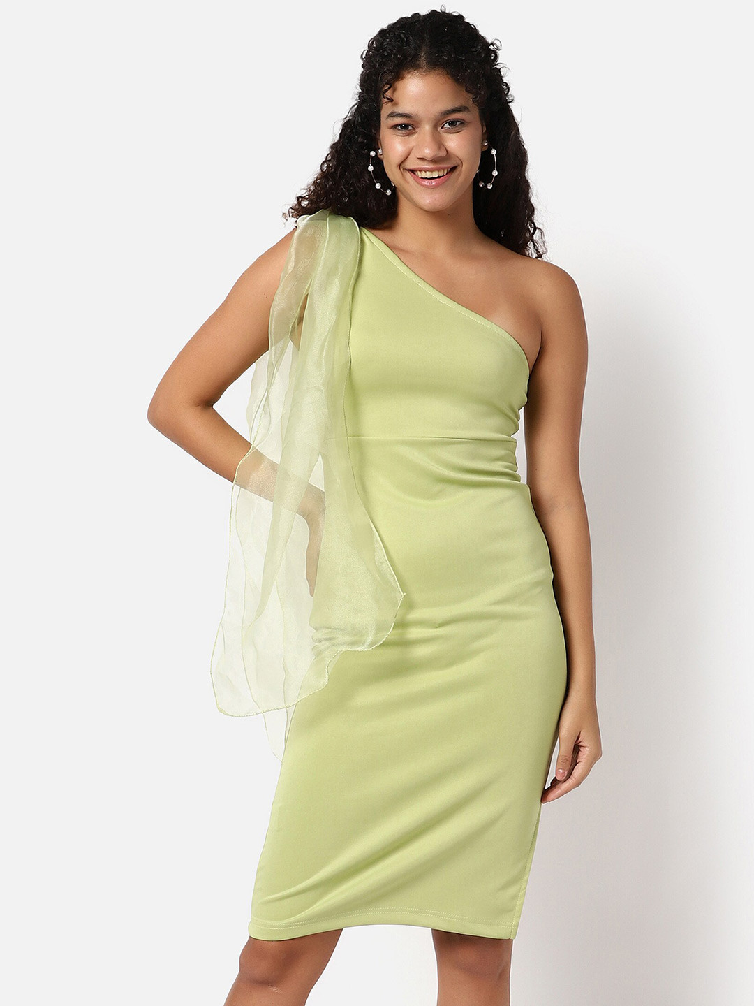 Campus Sutra Green One Shoulder Bodycon Dress