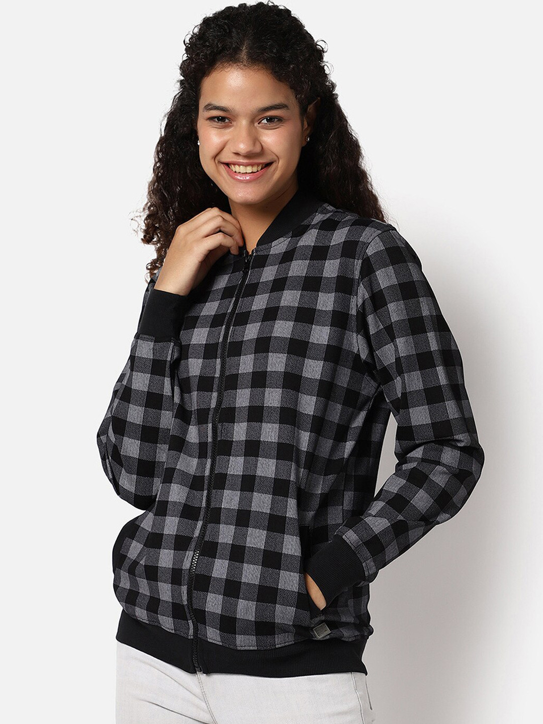 Campus Sutra Women Black Grey Checked Windcheater Outdoor Bomber Jacket