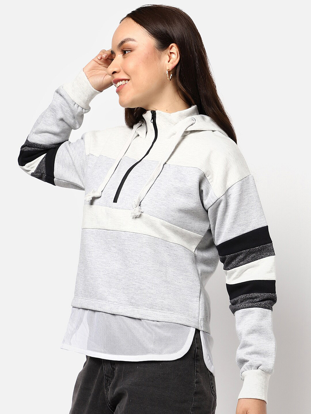 Campus Sutra Women Grey Colour-Blocked Hooded Sweatshirt