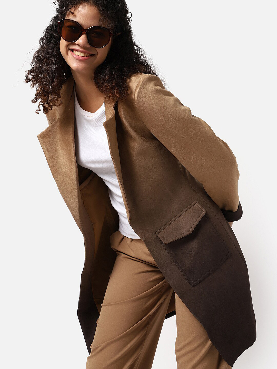 Campus Sutra Women Tan Ombre Suede Relaxed-Fit Long Coats