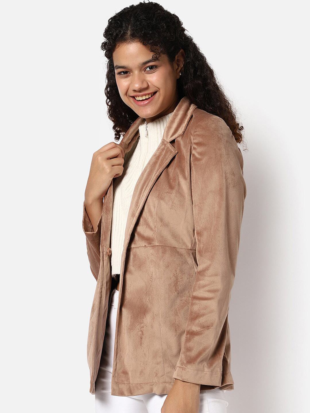 Campus Sutra Women Beige Solid Single-Breasted Blazer