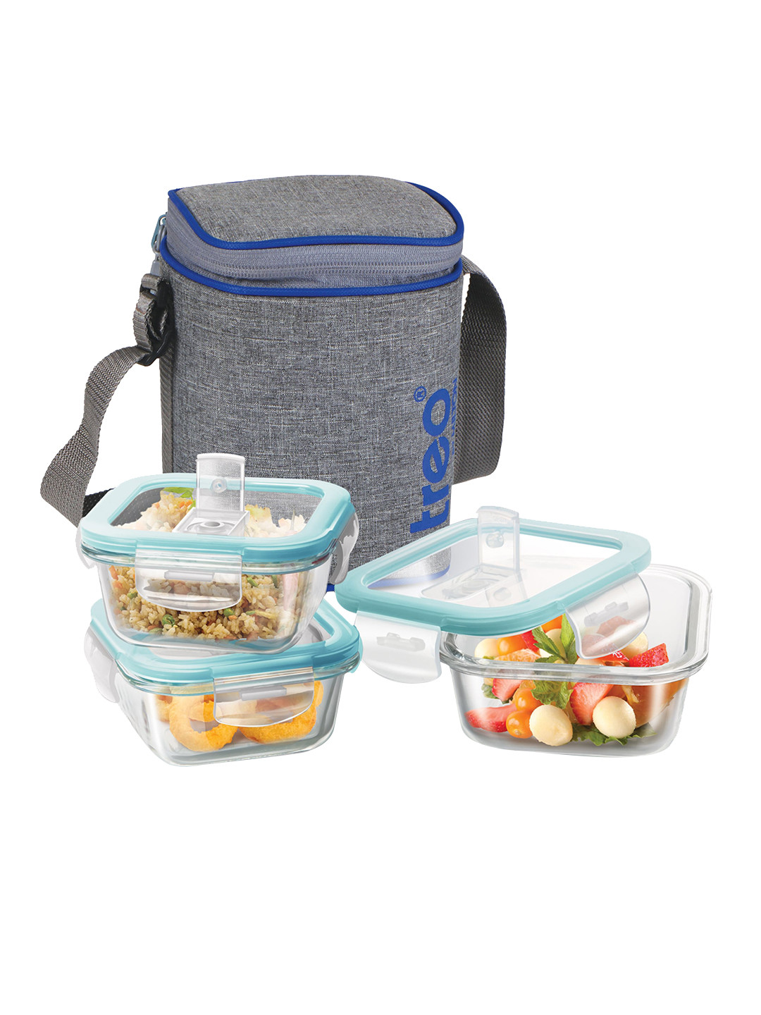 Treo Transparent & Grey All Fresh Square 3Pcs Glass Lunch Containers With Bag 320ml Each