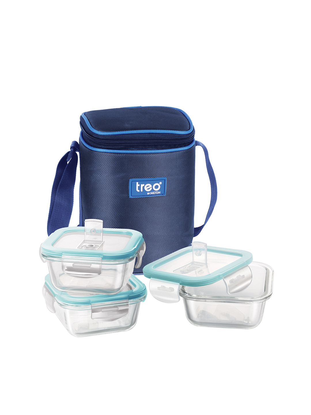 Treo Set of 3 Transparent & Blue All Fresh Square Glass Tiffin Containers 320 ml each