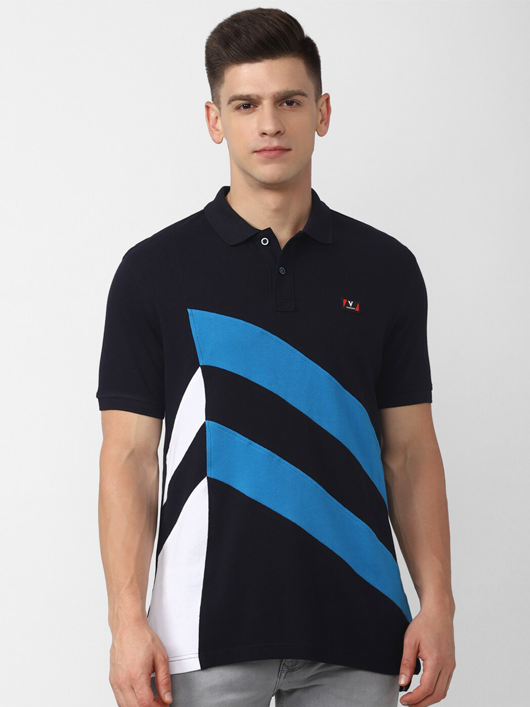 Van Heusen Sport Men Navy Blue & White Colourblocked Pure Cotton Polo Collar T-shirt