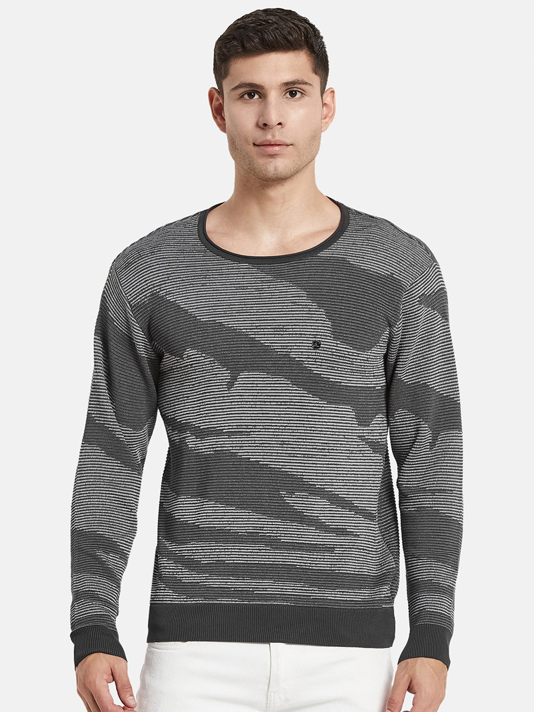 Monte Carlo Men Grey Abstract Print Long Sleeves Cotton Pullover Sweater