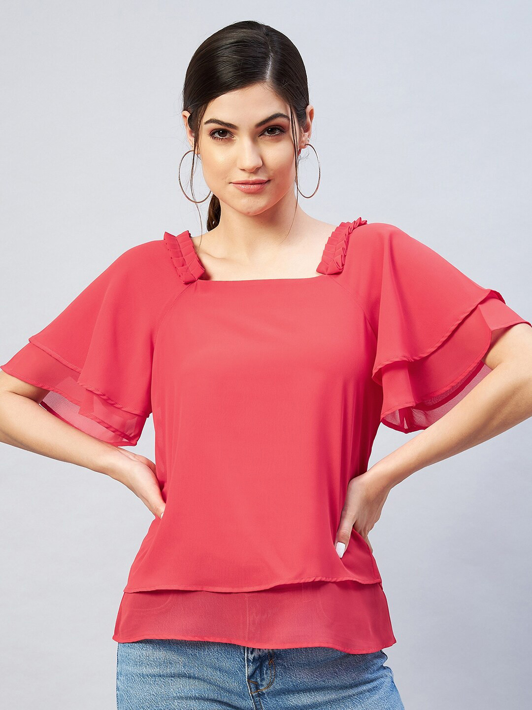 RARE Red Solid Georgette Tiered Top