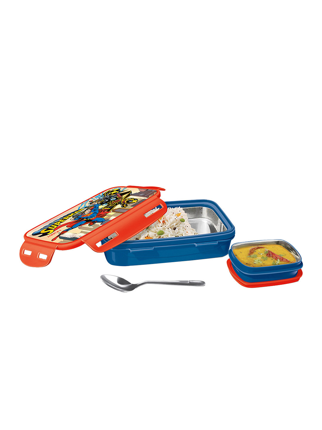 Milton Steely Prime Insulated Superman Plastic Airtight 3PCs Lunch Box With Spoon and Fork