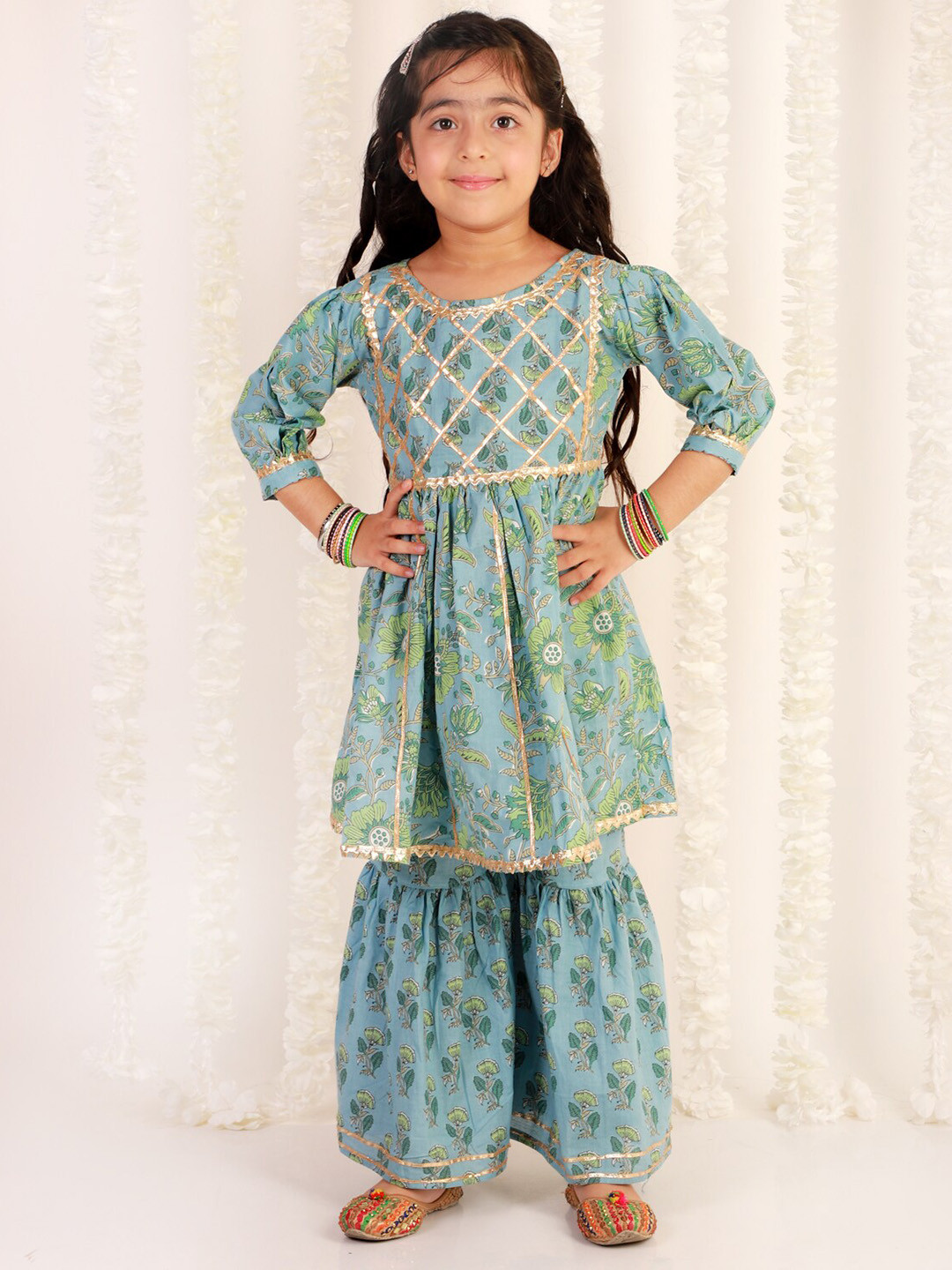 The Mom Store Girls Blue Floral Printed Pure Cotton Kurta with Sharara