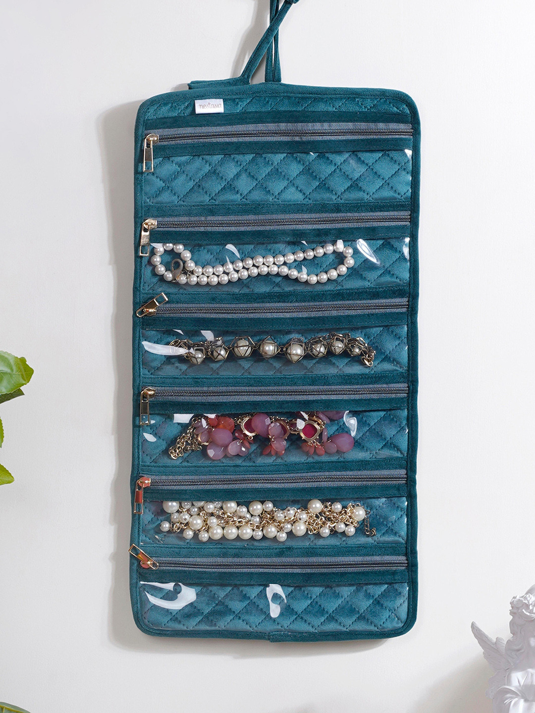 Nestasia Green Quitted Foldable Velvet Jewelry Organisers