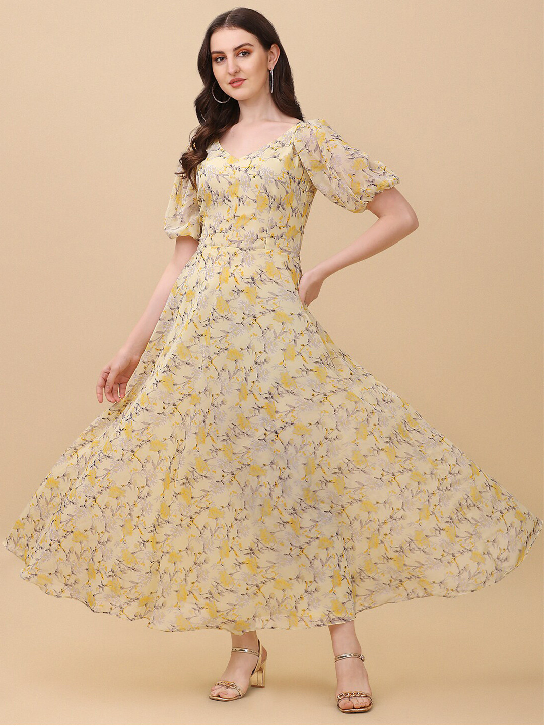 Vidraa Western Store Yellow Floral Georgette Maxi Dress