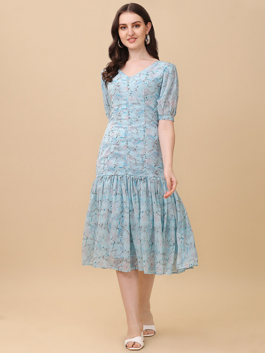 Vidraa Western Store Blue Floral Georgette Drop-Waist Midi Dress