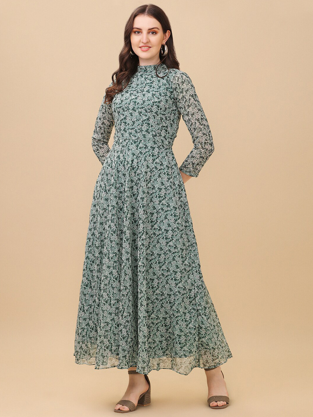 Vidraa Western Store Green Floral Georgette Maxi Dress