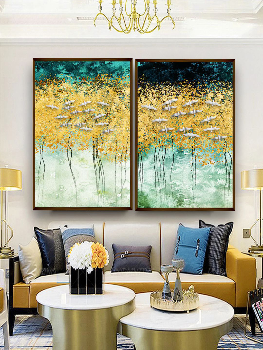 The Art House Set Of 2 Green & Yellow Abstract Painting Wall Art