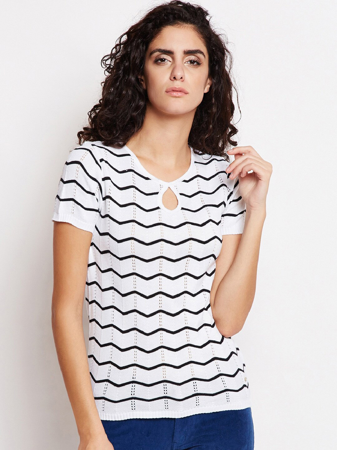 Be Indi White Geometric Print Keyhole Neck Top