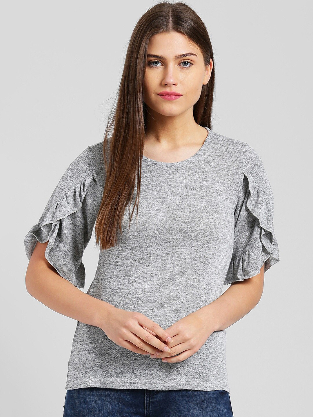 Be Indi Women Grey Solid Ruffle-Sleeves Top