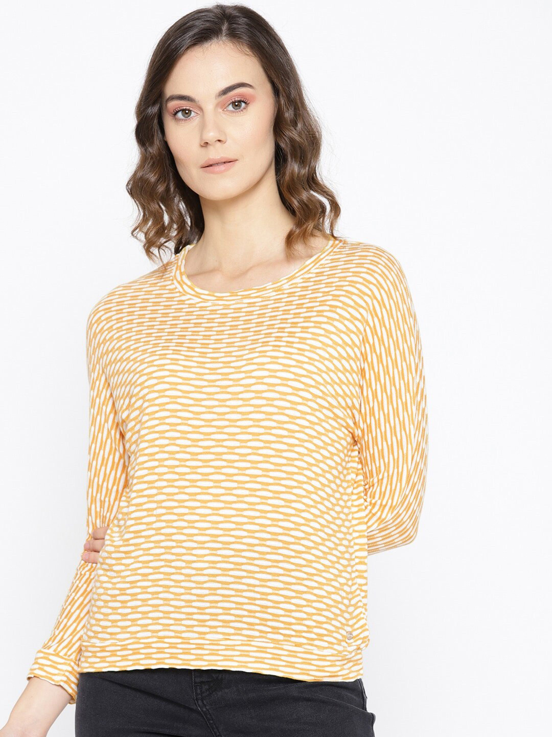 Be Indi Mustard Yellow & White  Self-Design Top