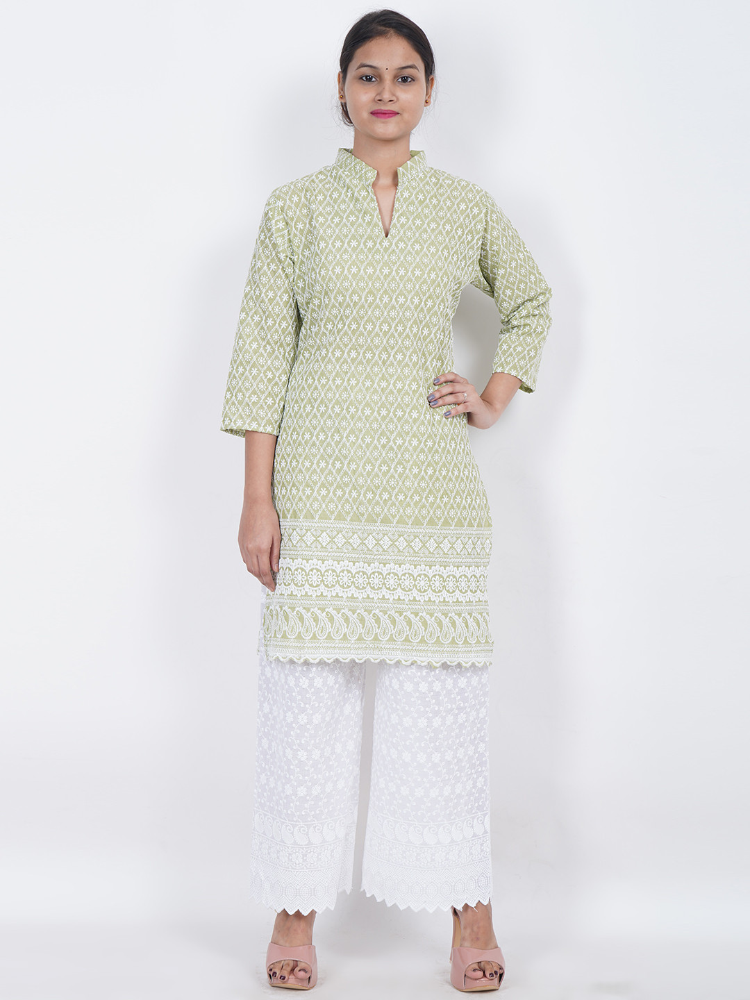 Trendzmy Women Olive Green Geometric Embroidered Cotton Chikankari Kurta