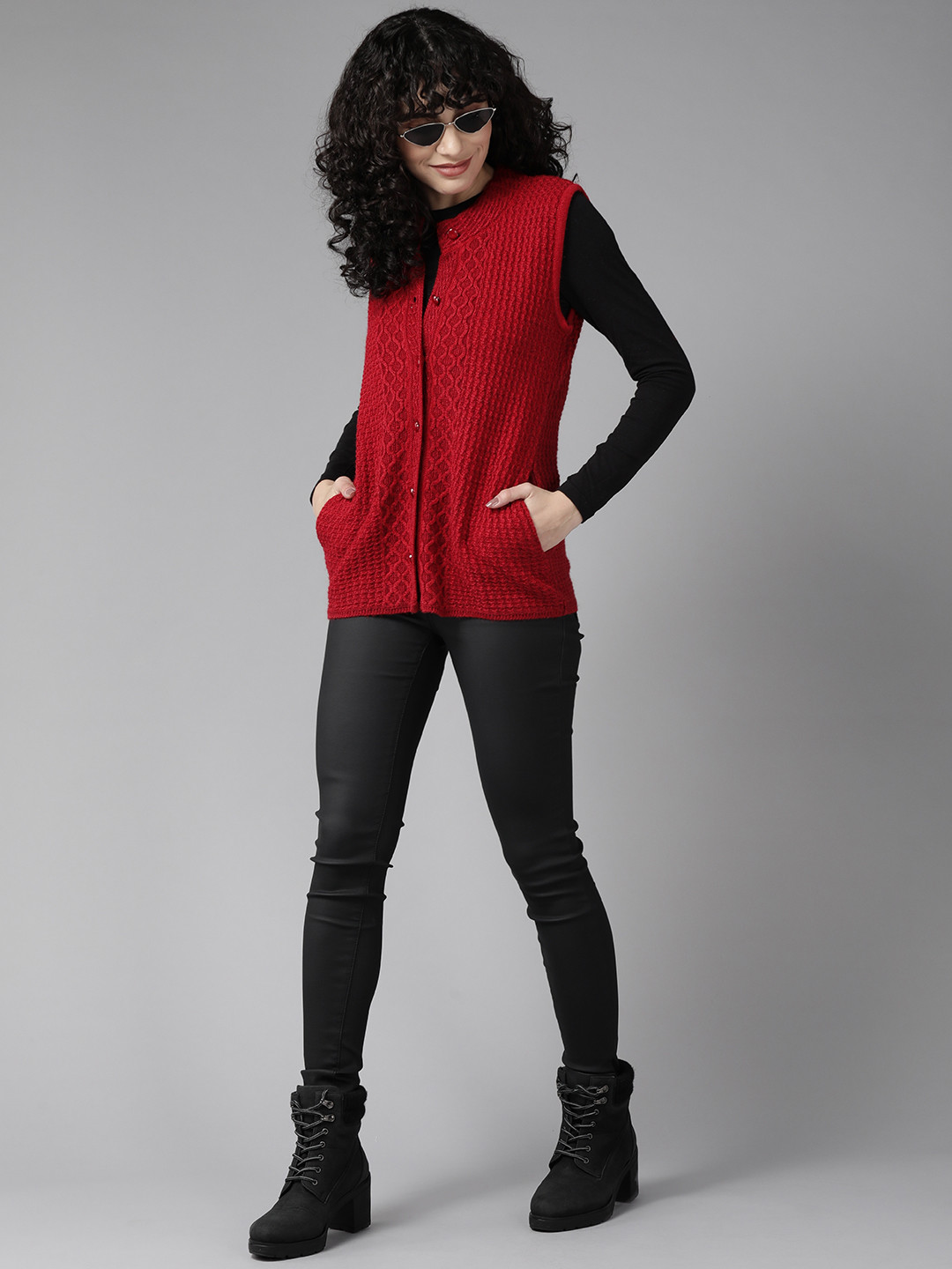 Cayman Women Band Collar Woolen Cable Knit Cardigan