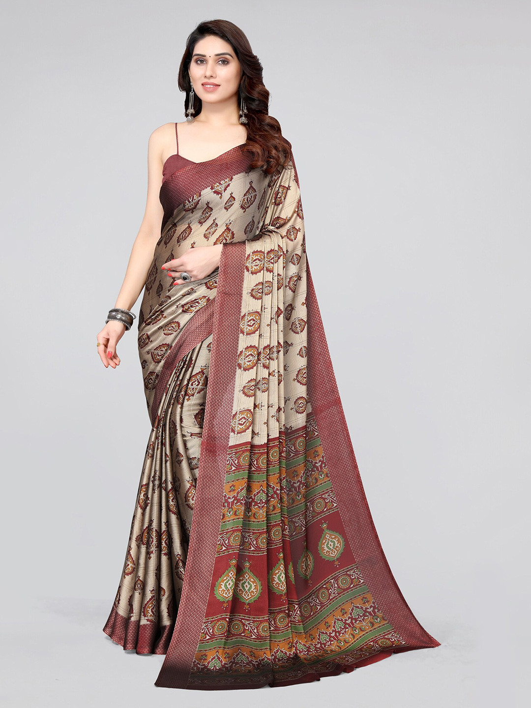 MIRCHI FASHION Beige And Purple Ethnic Motifs Block Print Saree