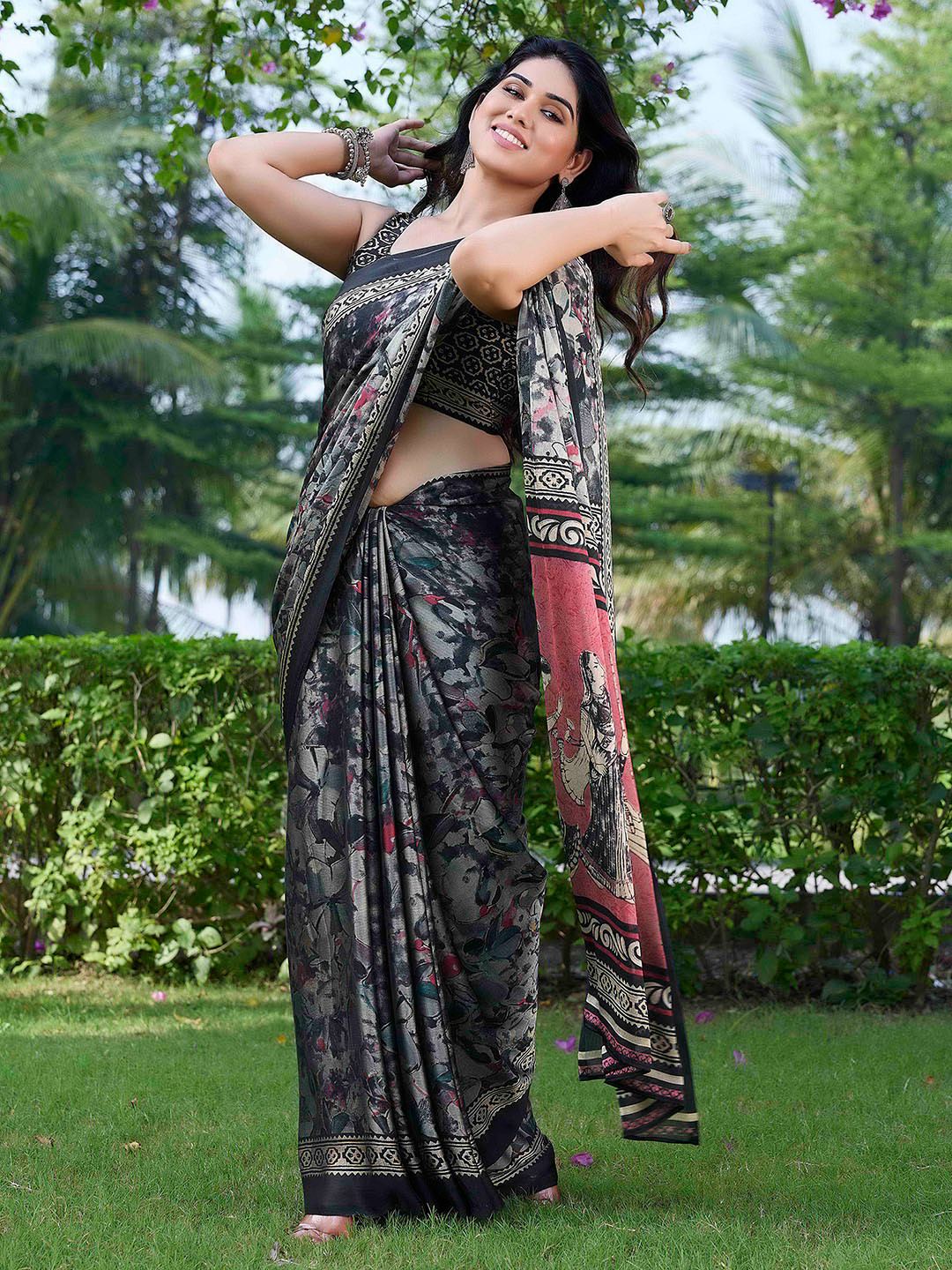 KALINI Grey & Maroon Poly Chiffon Saree