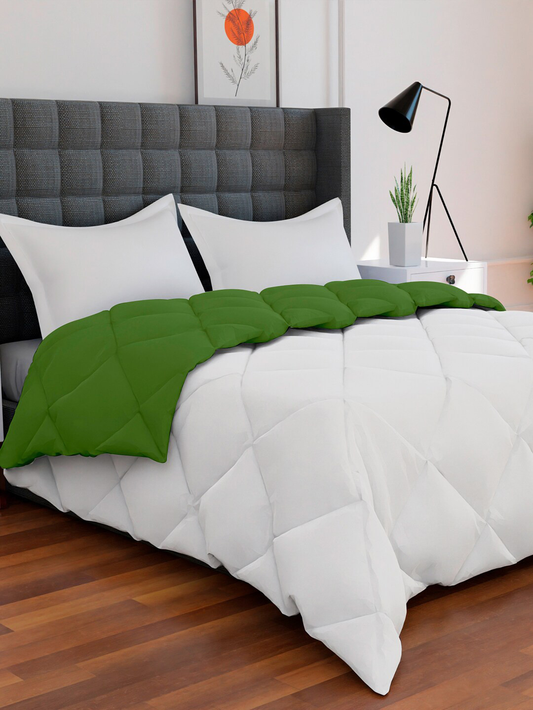 AVI White & Green Solid Reversible Style Mild Winter 233 GSM Double Bed Comforter
