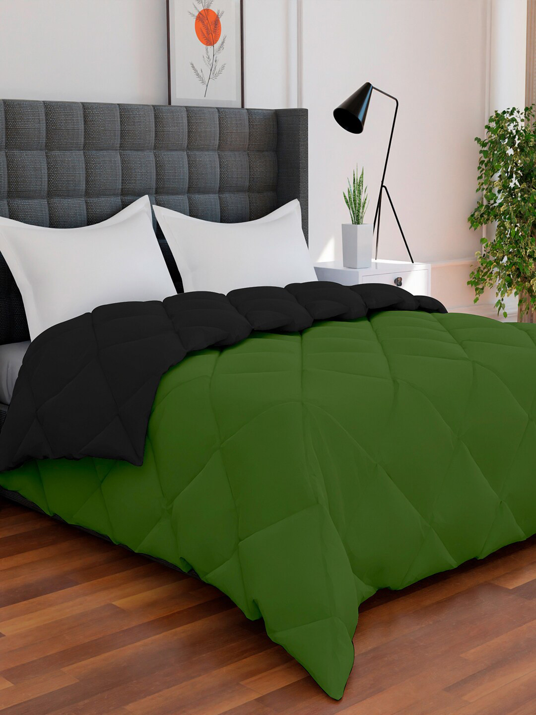 AVI Black & Green Solid Reversible Style Mild Winter 233 GSM Double Bed Comforter